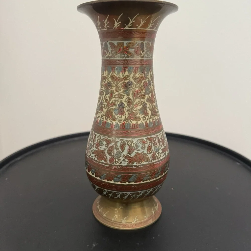 Vintage Indian Etched Brass Vase‎ Blue Red Enamel Floral Mughal Boho Decor